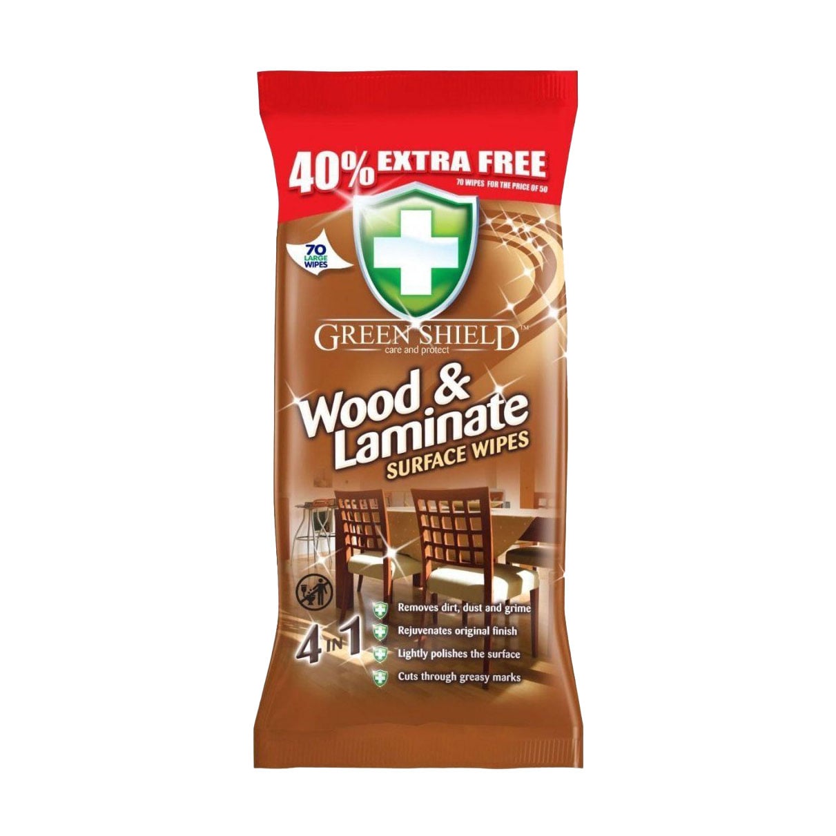 Вологі серветки для чищення дерев'яних поверхонь та ламiнату Green Shield Wood &amp; Laminate Surface Wipes, 70 шт